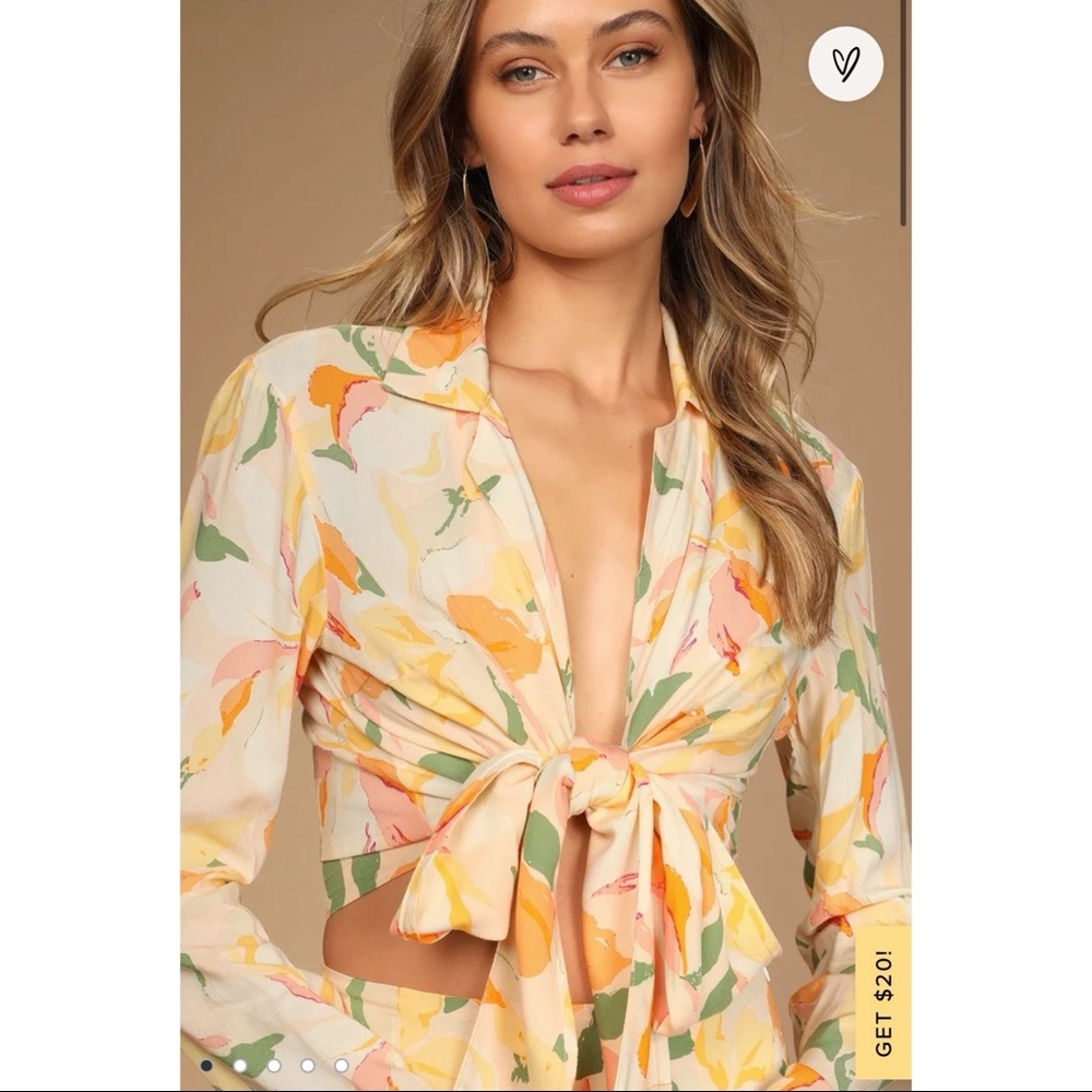 Ivy Cream Multi Floral Print Long Sleeve Tie-Front Crop Top